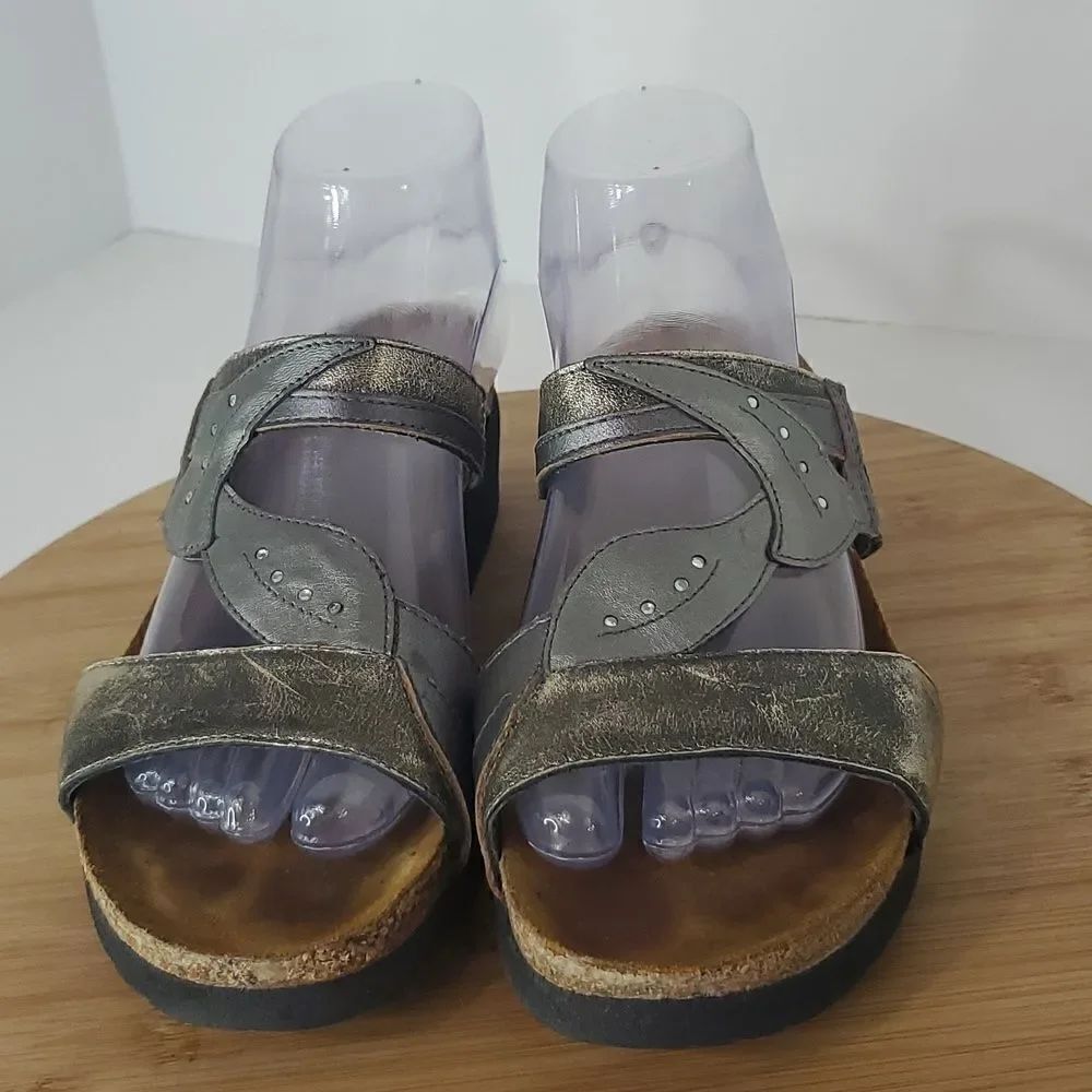 NAOT Kimberly Metallic Leather Wedge Slide Comfort Sandals Women's Size 8 EU 39